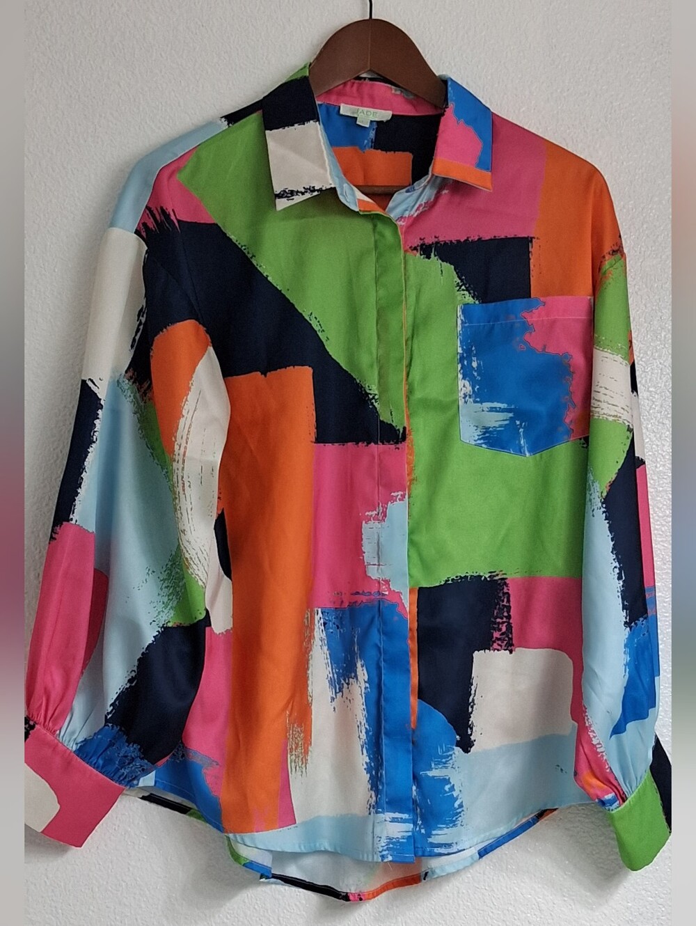 Jade Abstract Colorblock Women's Button-Up Blouse Size L